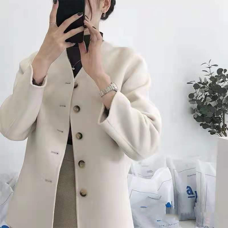 Women's Fashion Single Breasted Double Face Cashmere V-Neck Coat