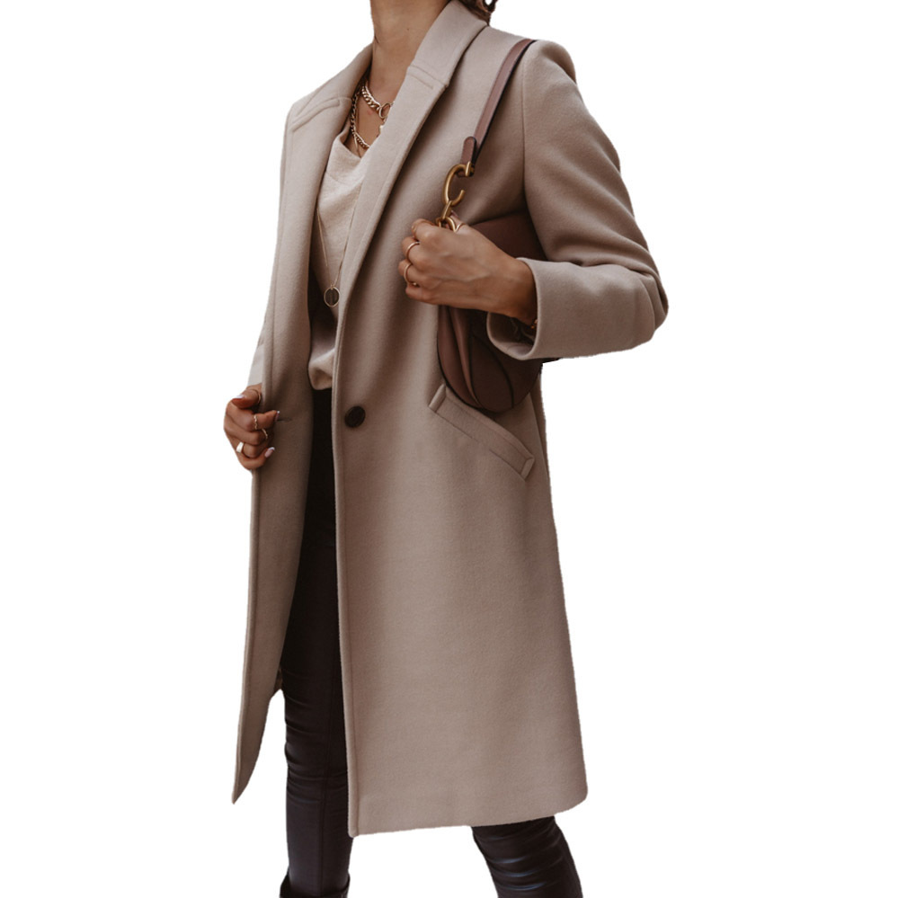 European And American Woolen Lapel Single Button Urban Trench Coat Light Apricot - Shop at LoveMi