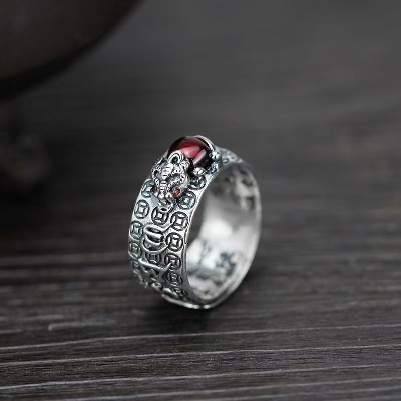 2026 New Red Pixiu Ring For Men & Women, Domineering & Retro Open Band, Adjustable Size
