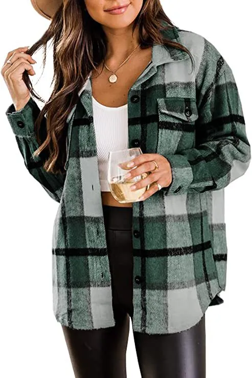 Flannel Jacket Casual Check Button Down Green - Shop at LoveMi