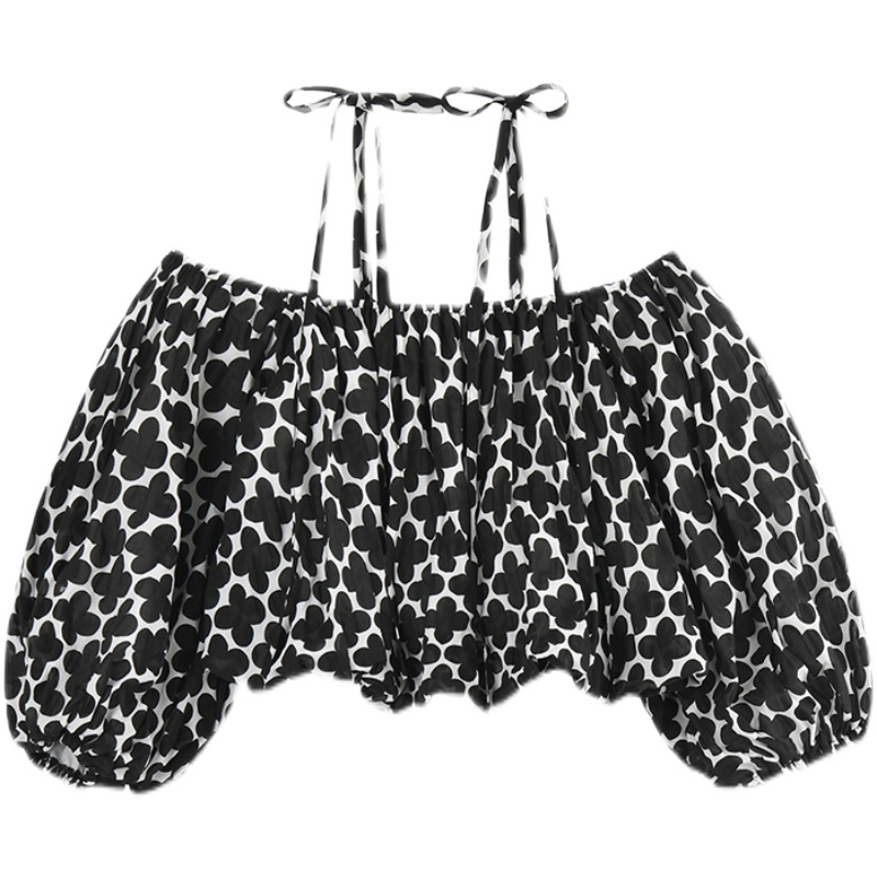 White Printed Shirt Top One Shoulder Lantern Sleeve Short