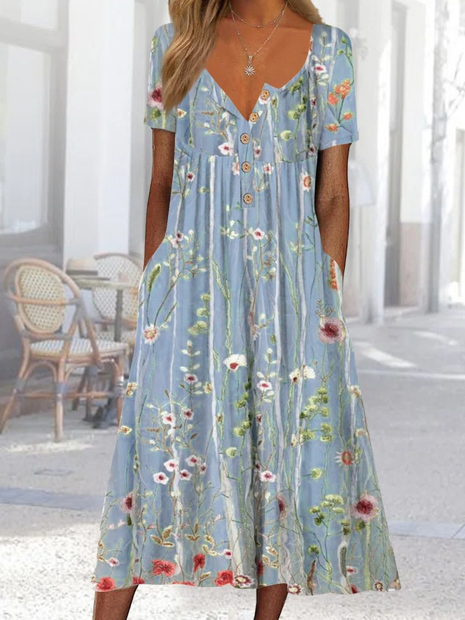 Printed Short Sleeve A Line Dress