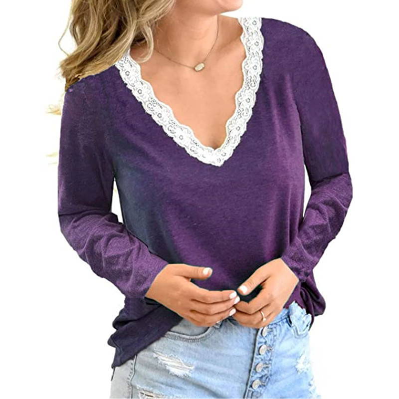 Autumn And Winter Casual Loose V-neck Stitching Lace Long-sleeved T-shirt
