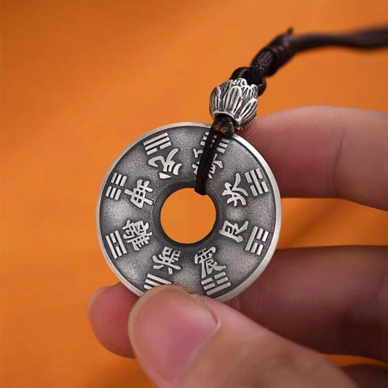 999 Pure Silver Mountain Ghost Coin Pendant, Retro Bagua Solid Copper Coin Shaped Necklace, Safety Charm For Men