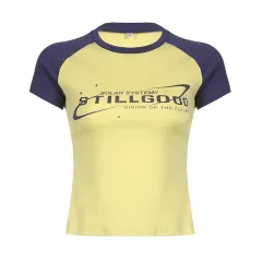 Contrasting Letter Print Raglan Short Sleeve Ladies Top - Yellow - View 1