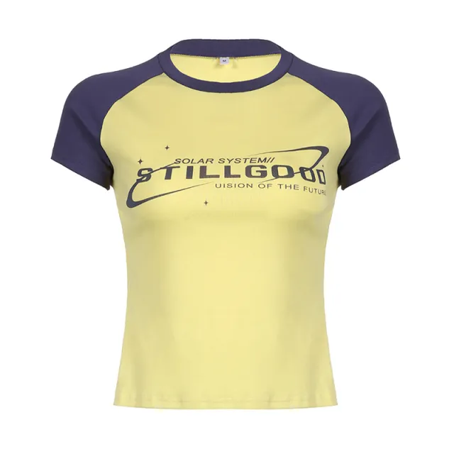 Contrasting Letter Print Raglan Short Sleeve Ladies Top Yellow - Shop at LoveMi