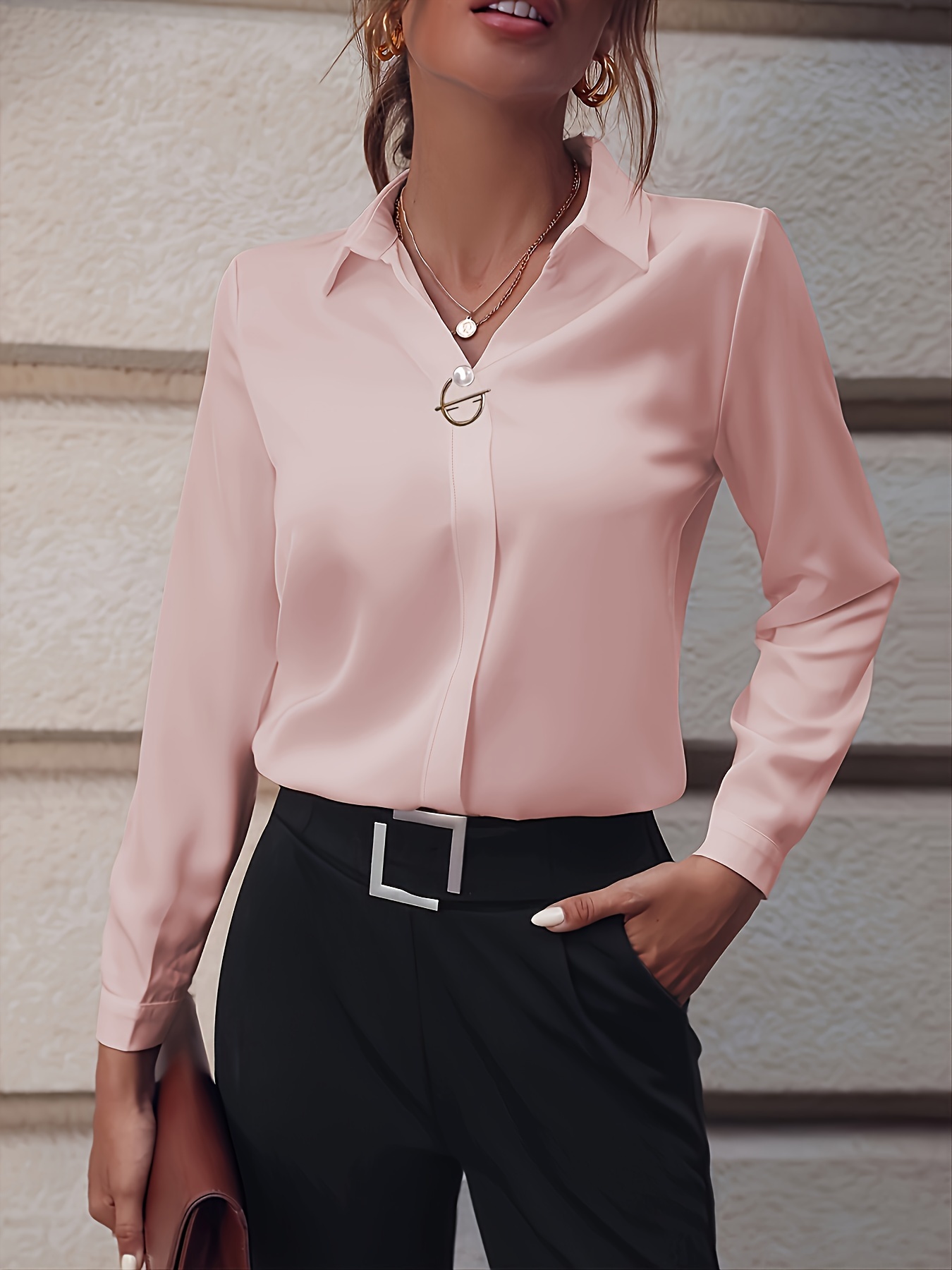 Fashionable Elegant Business Style Long Sleeve Shirt With Pearl Button Pink - Shop at LoveMi