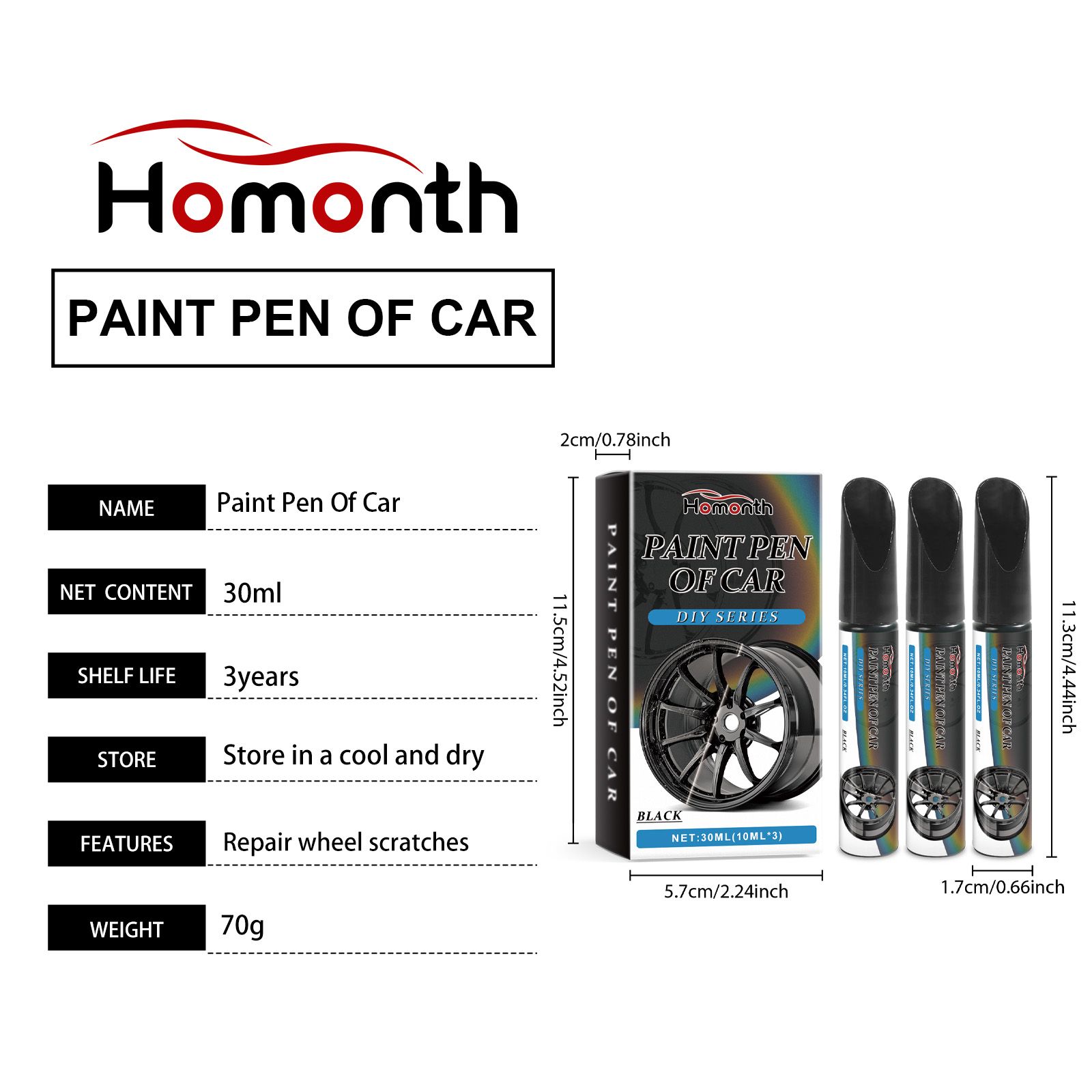 Car Paint Scratches, Dirt Removal, Repair, Touch Up Pen, Car Parts, Wheel Hub Scratch Repair Pen  Black  10mlx3 1 Box 3