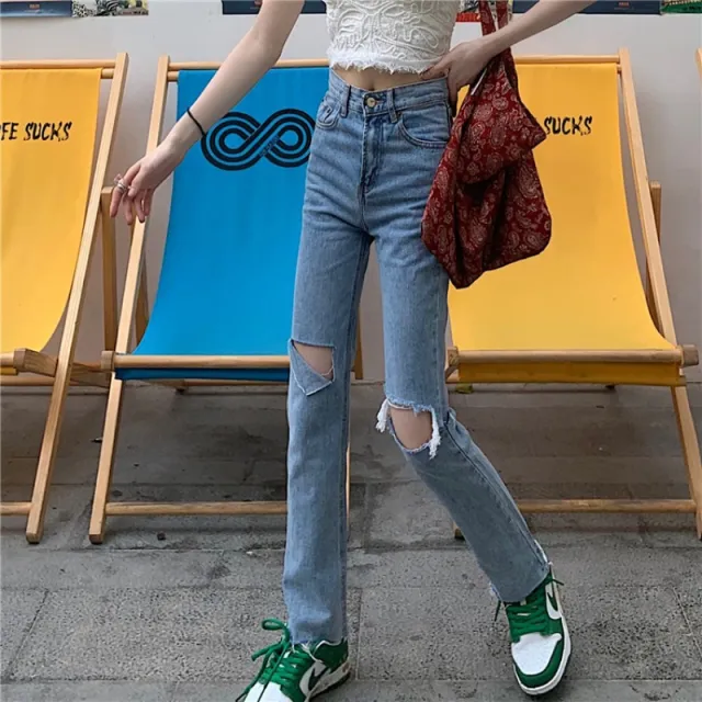 Summer Slim And Ripped Cropped Straight leg Jeans For Women Blue - Shop at LoveMi