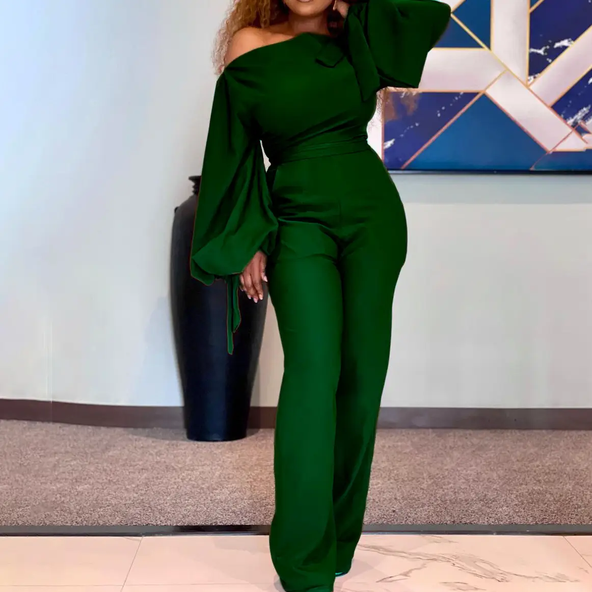 Solid Color Plus Size African Off-the-shoulder Jumpsuit