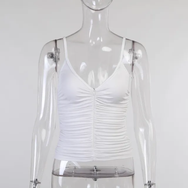 Sexy Slim Solid Color Vest U neck Pleated Zipper Small Sling Women White - Shop at LoveMi