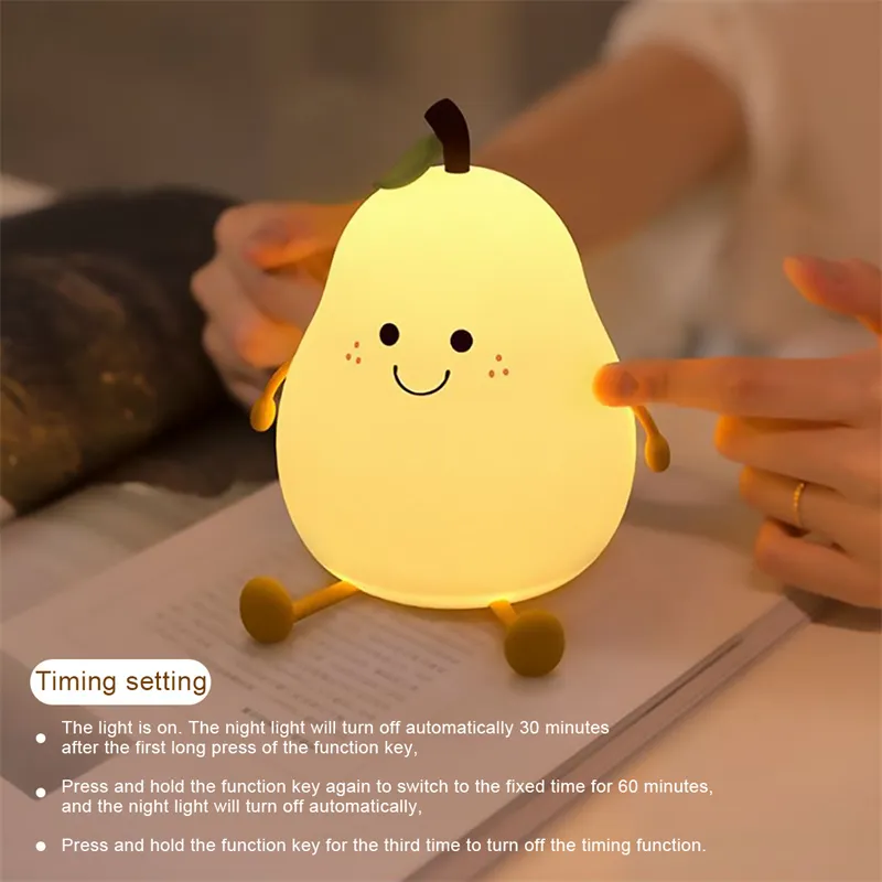 LED Pear Fruit Night Light USB Rechargeable Dimming Touch Silicone Table Lamp Bedroom Bedside Decoration Couple Gift Boby Light – image 6