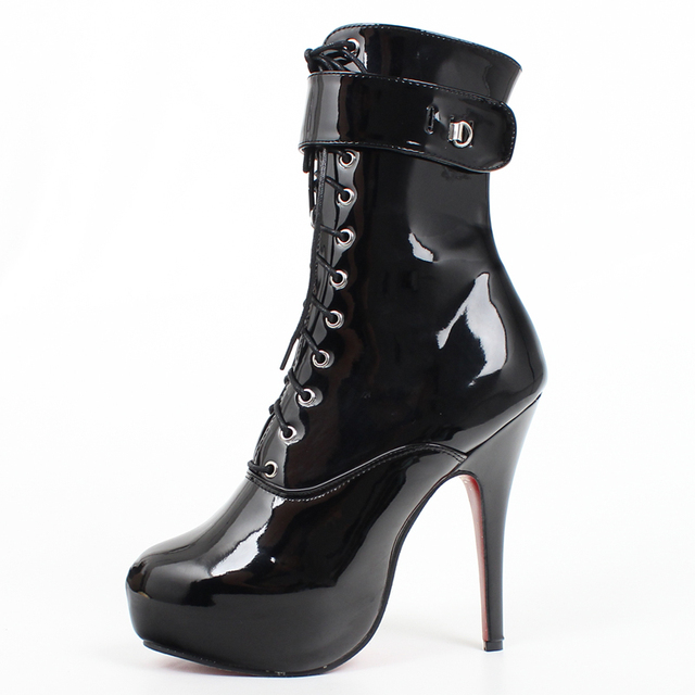 Women's High Heel Platform Lace-Up Patent Leather Short Boots
