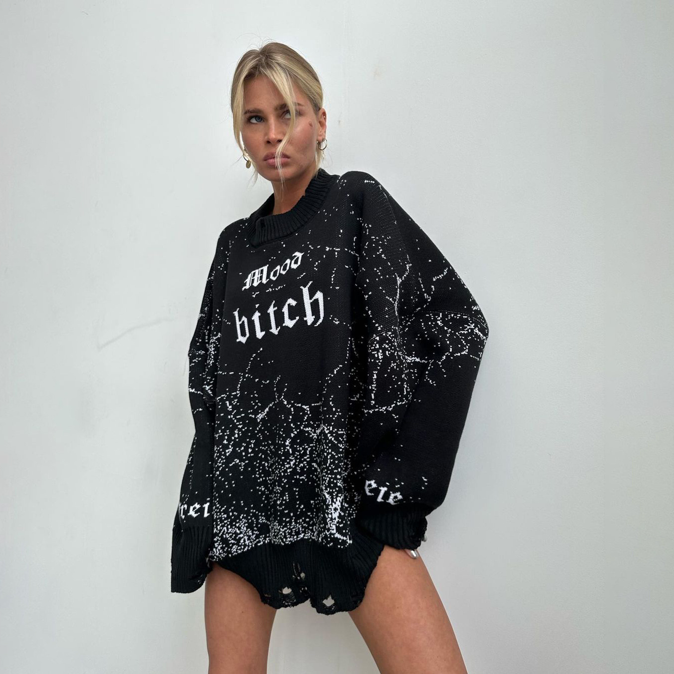 Hollow Out Sweater Cotton Niche Women's Casual Loose Round Neck Printed Woolen To