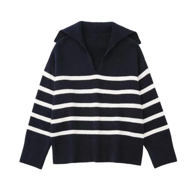 V shaped Lapel Striped Pullover Sweater Navy Blue - Shop at LoveMi