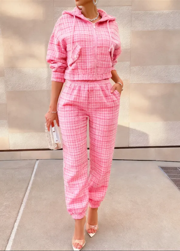 Women's Chanel style Plaid Hooded Set High Street Tweed Zip up Sweatshirt Pink - Shop at LoveMi