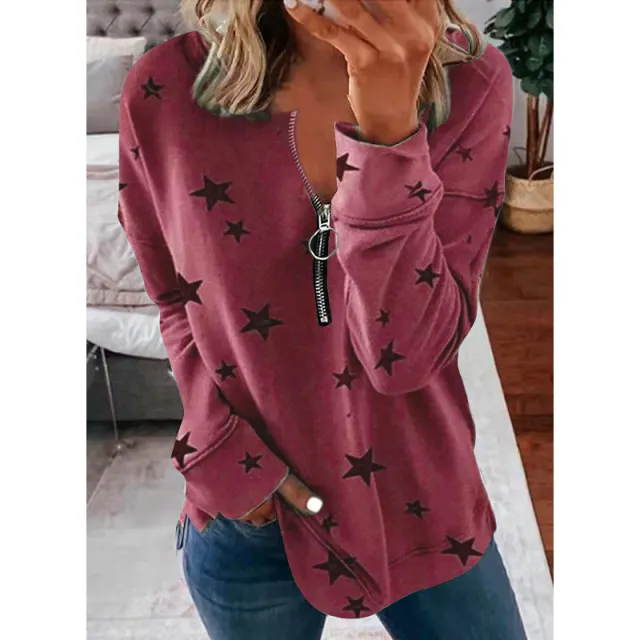 Star Print Long Sleeve Pullover Women's Sweatshirt Wine - Shop at LoveMi