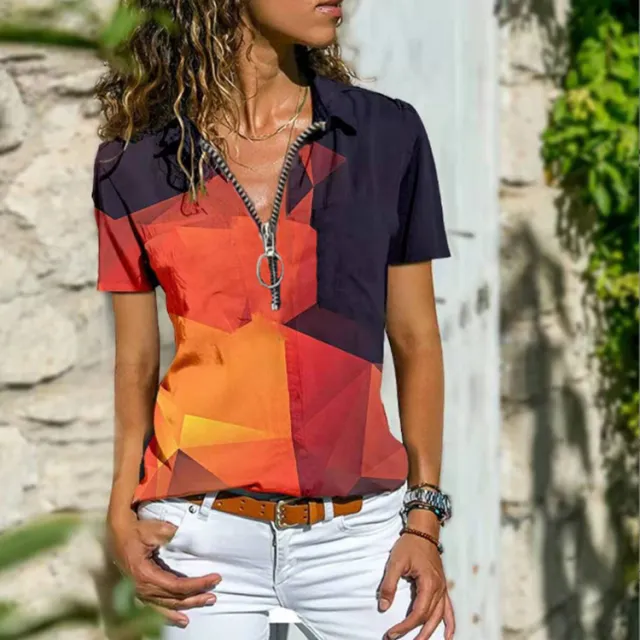 New Women's Boho Zip Short Sleeve T Shirt Picture3 4Xl - Shop at LoveMi