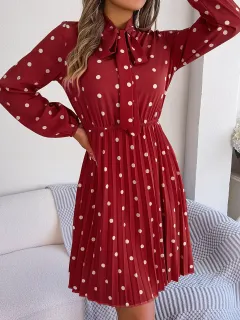 Women's Polka Dot Tie-Waist Long Sleeve Pleated Maxi Dress - Red - View 1
