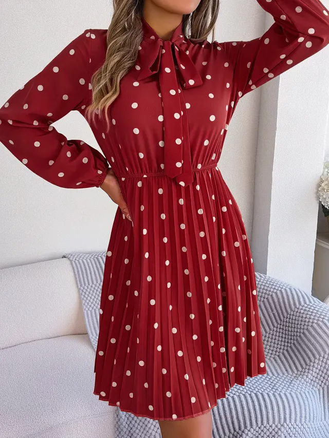 Women's Polka Dot Tie Waist Long Sleeve Pleated Maxi Dress Red - Shop at LoveMi