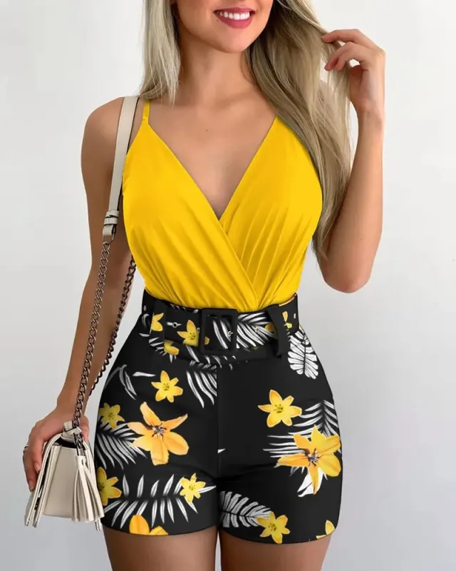V neck Halter Vest Printed Shorts Suit With Belt Yellow - Shop at LoveMi