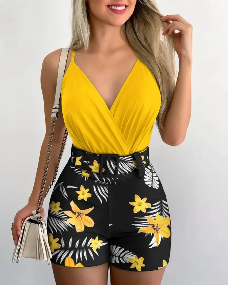 V-neck Halter Vest Printed Shorts Suit With Belt - Yellow