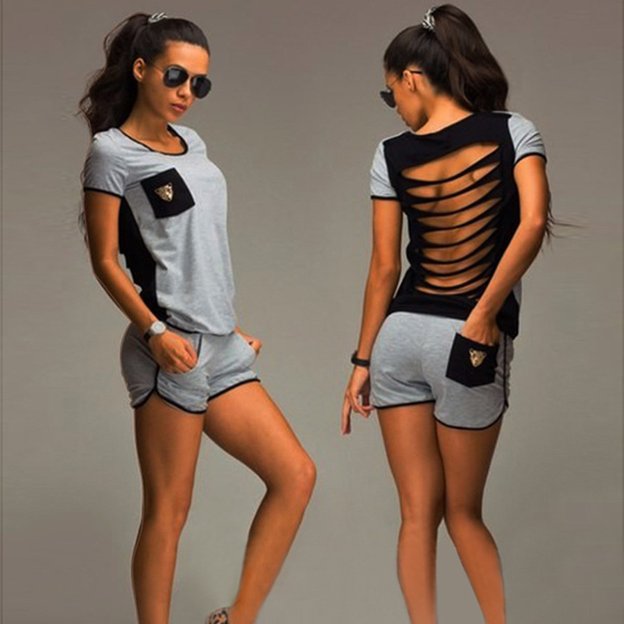 Fashion Casual Back Hollow Short Sleeve Shorts Suit