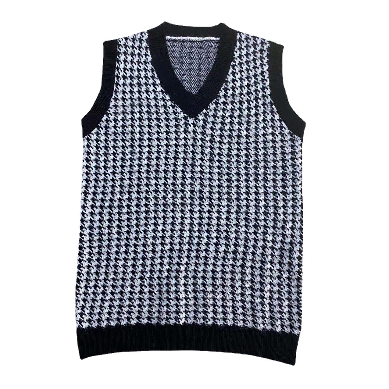 Women's Mid-length Sweater Loose Houndstooth V-neck Knit Sweater Vest Women