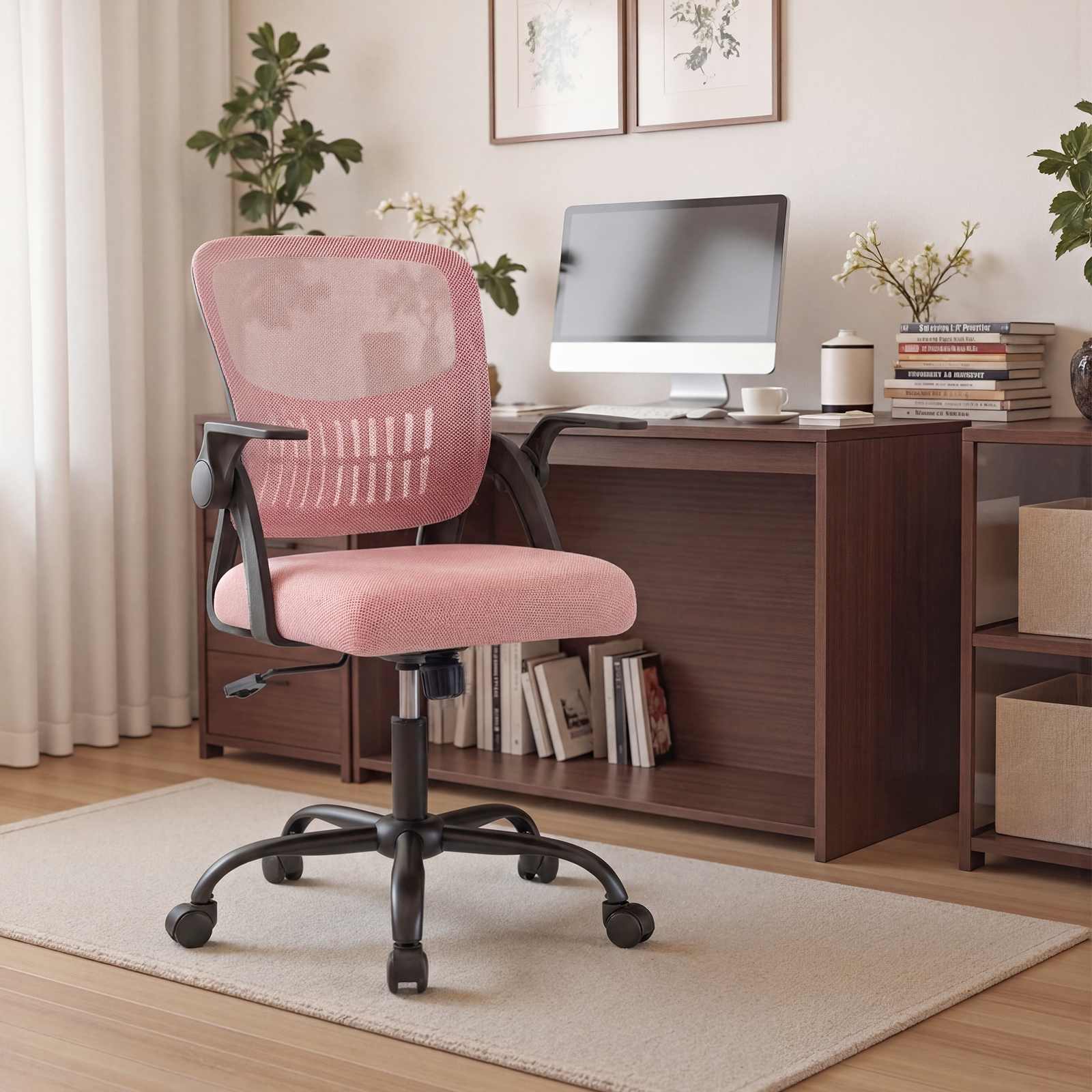 The Flip-up Armrest Fabric Computer Desk Chair With Adjustable Rotating Backrest Offers Comfortable Lumbar Support.
