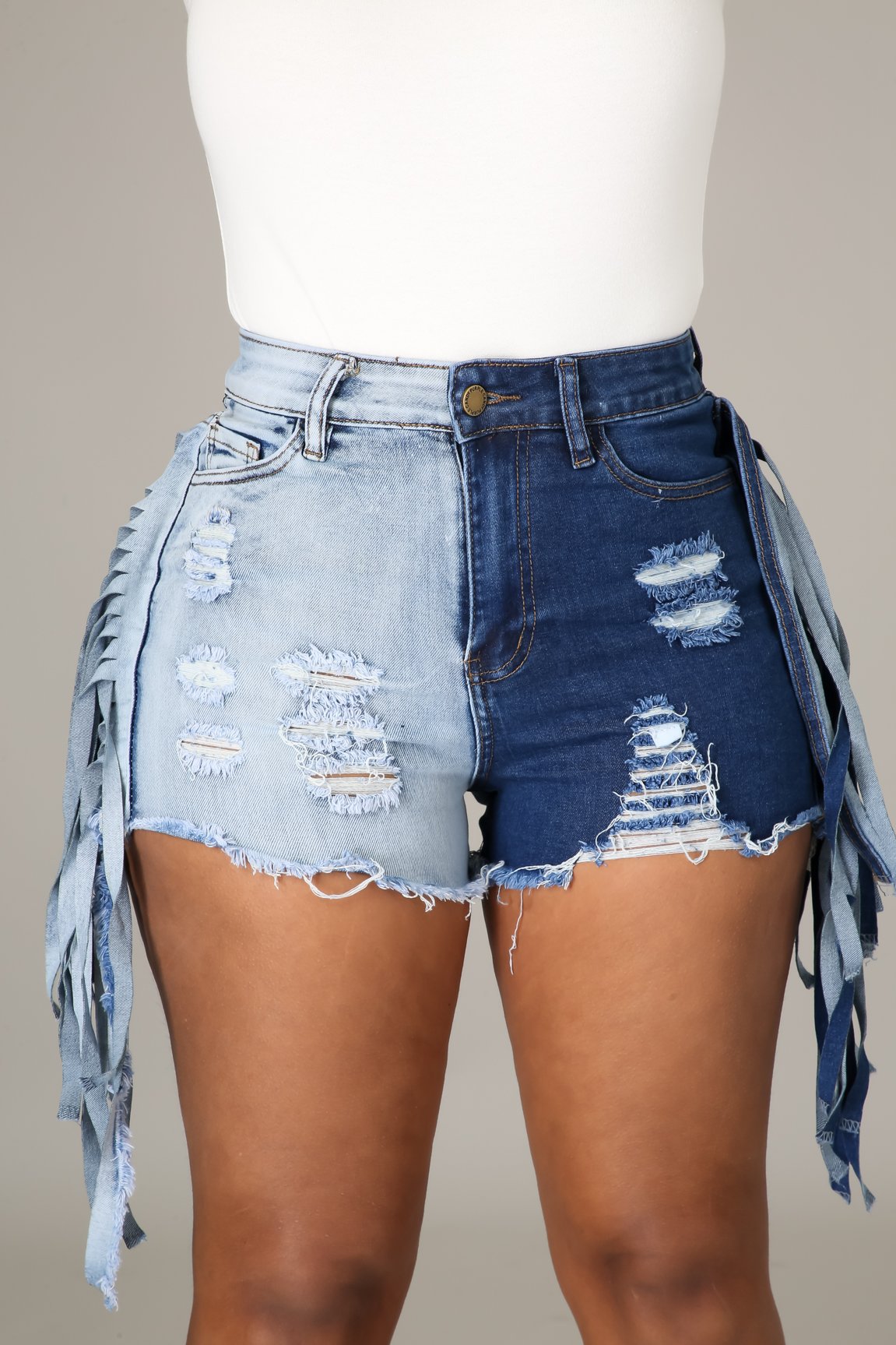 SXY Two Tone Fringe Trim Raw Hem Denim Shorts Photo Color 2Xl - Shop at LoveMi