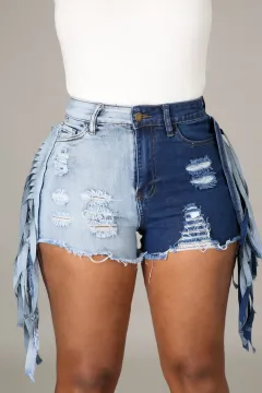 SXY Two Tone Fringe Trim Raw Hem Denim Shorts - Photo Colour-M - View 1