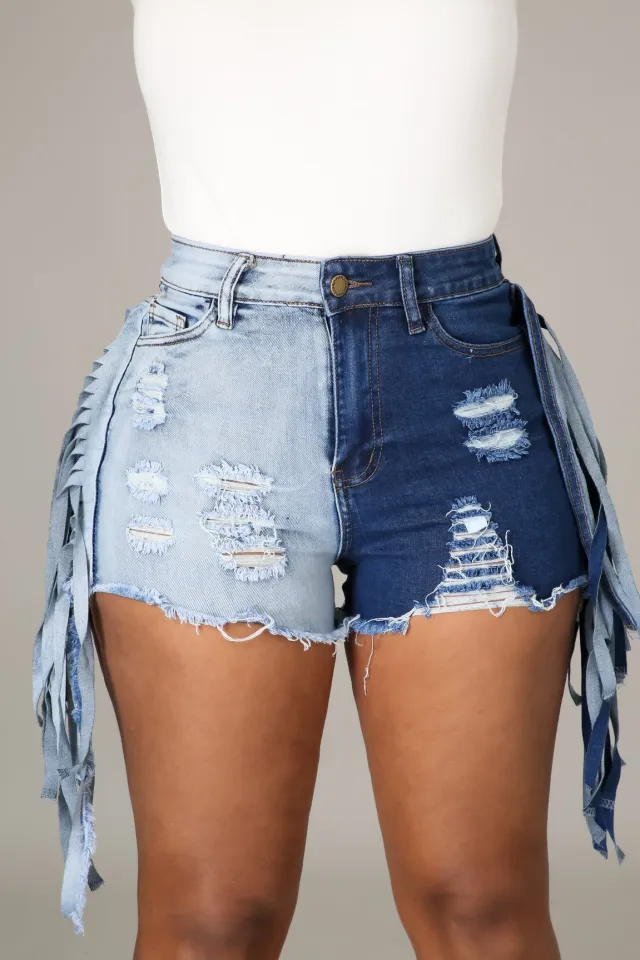 SXY Two Tone Fringe Trim Raw Hem Denim Shorts Photo Color M - Shop at LoveMi
