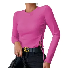 Slim Slim Split Drawstring Round Neck Slim Long Sleeve Shirt Women - Rose - View 1