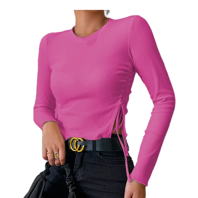 Slim Slim Split Drawstring Round Neck Slim Long Sleeve Shirt Women Rose - Shop at LoveMi