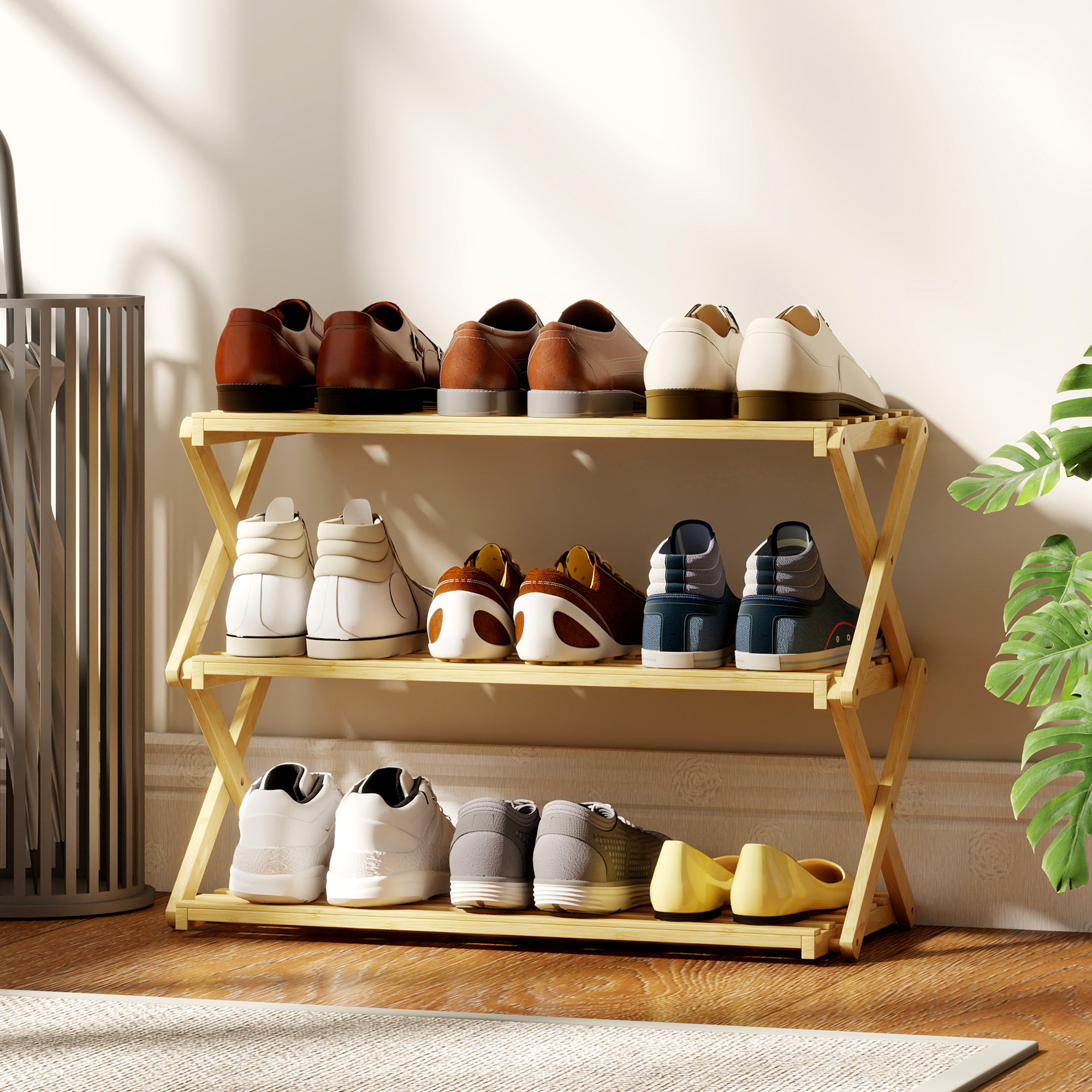 Three Layer Folding Bamboo Shoe Rack - Natural Color — image 2