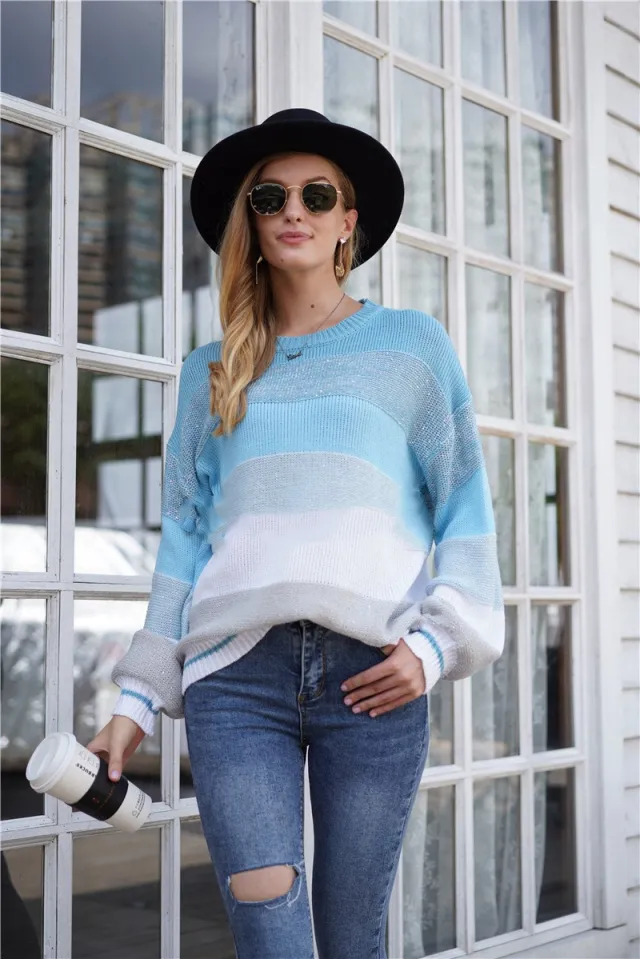 Women's Striped Round Neck Pullover Sweater Blue - Shop at LoveMi