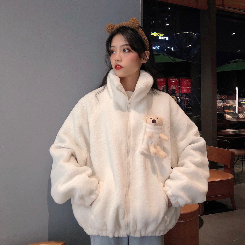Sweatshirt Plus Velvet Thickened Female Lamb Hair White - Shop at LoveMi