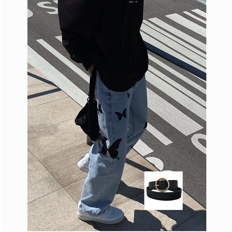 Women's Butterfly Light Color Straight Wide Leg Jeans Pants And Belt Xl - Shop at LoveMi