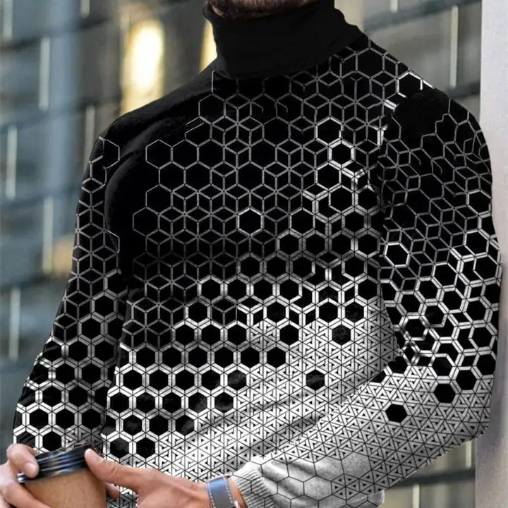 Autumn Winter Men's Long Sleeve Turtleneck T Shirt Printed Casual Top