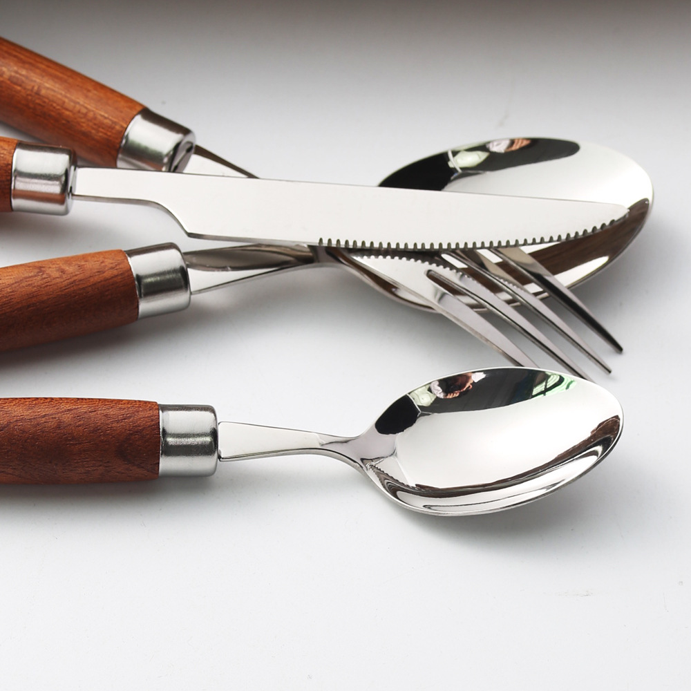 Sapele Wooden Handle Knife, Fork And Spoon Four-piece Set