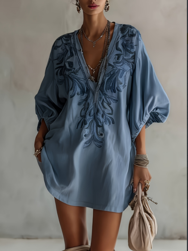 Embroidered V-neck Lantern Sleeve Cotton Linen Loose Short Dress