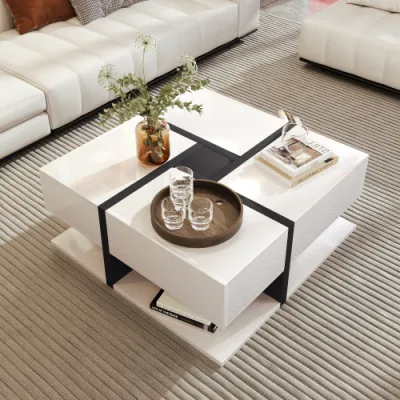 Coffee Table, Table With 4 Drawers, Unique Color Matching And Line Design, Storage Space At The Bottom. 78x78x36cm