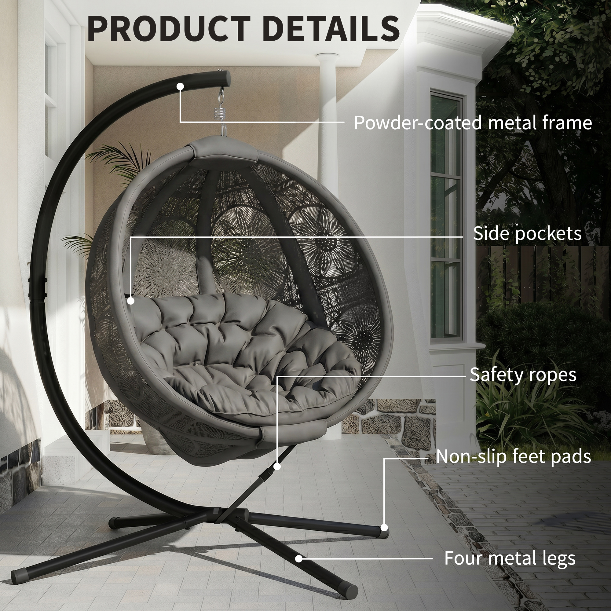 Round Egg Basket Chair With Steel Bracket, Charcoal Gray — image 8