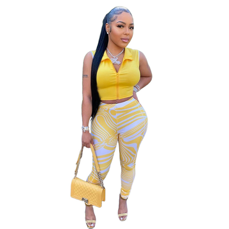 Women's Solid Color Lapel Sleeveless Top High Waist Printed Pants Suit