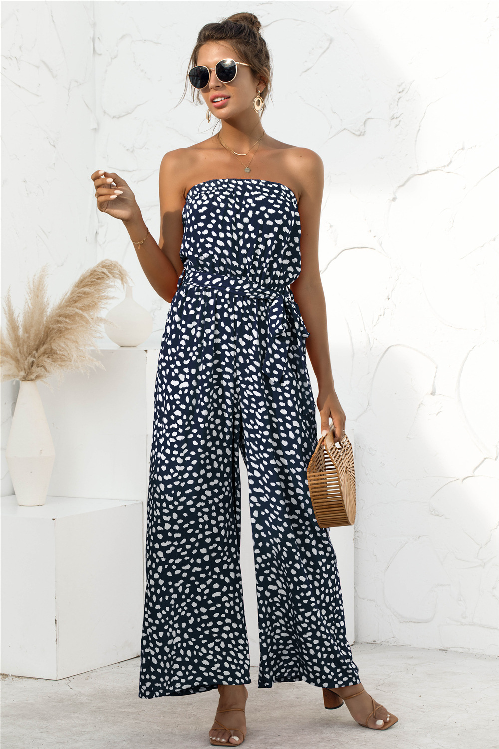 Title 3, Heart-shaped Dot Print Lace-up Wide-leg Jumpsuit