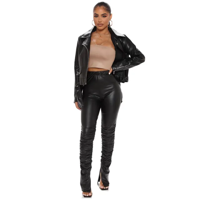 Fashion Sexy High Waist Skinny Pleated Split PU Leather Pants Black - Shop at LoveMi