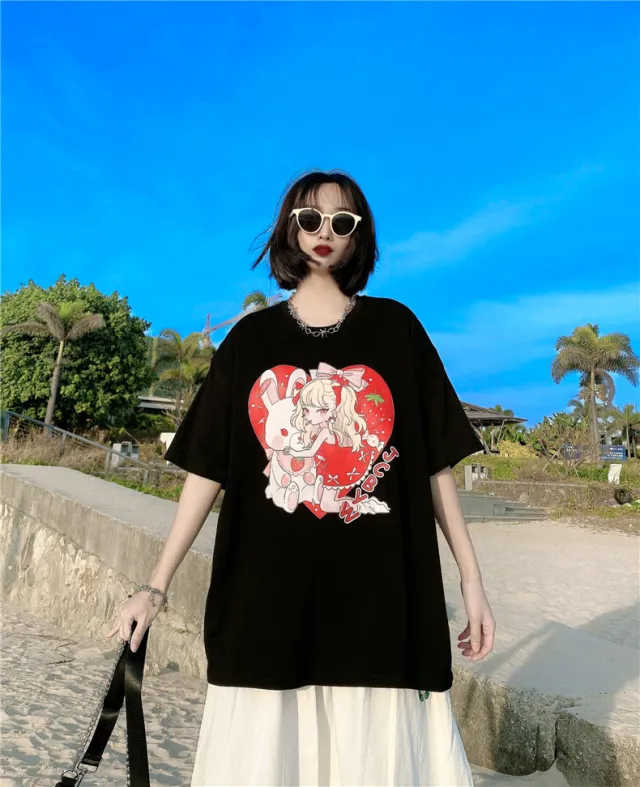 Love Print Short sleeved Loose Student Super Fire Creative T shirt Women Black - Shop at LoveMi