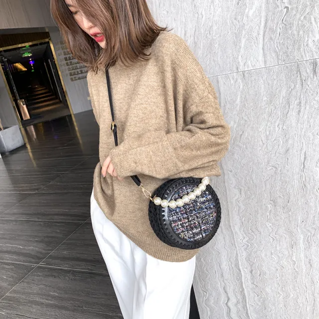 Round Messenger Bag Diy Woven Material Cloth Thread Handmade Blue - Shop at LoveMi
