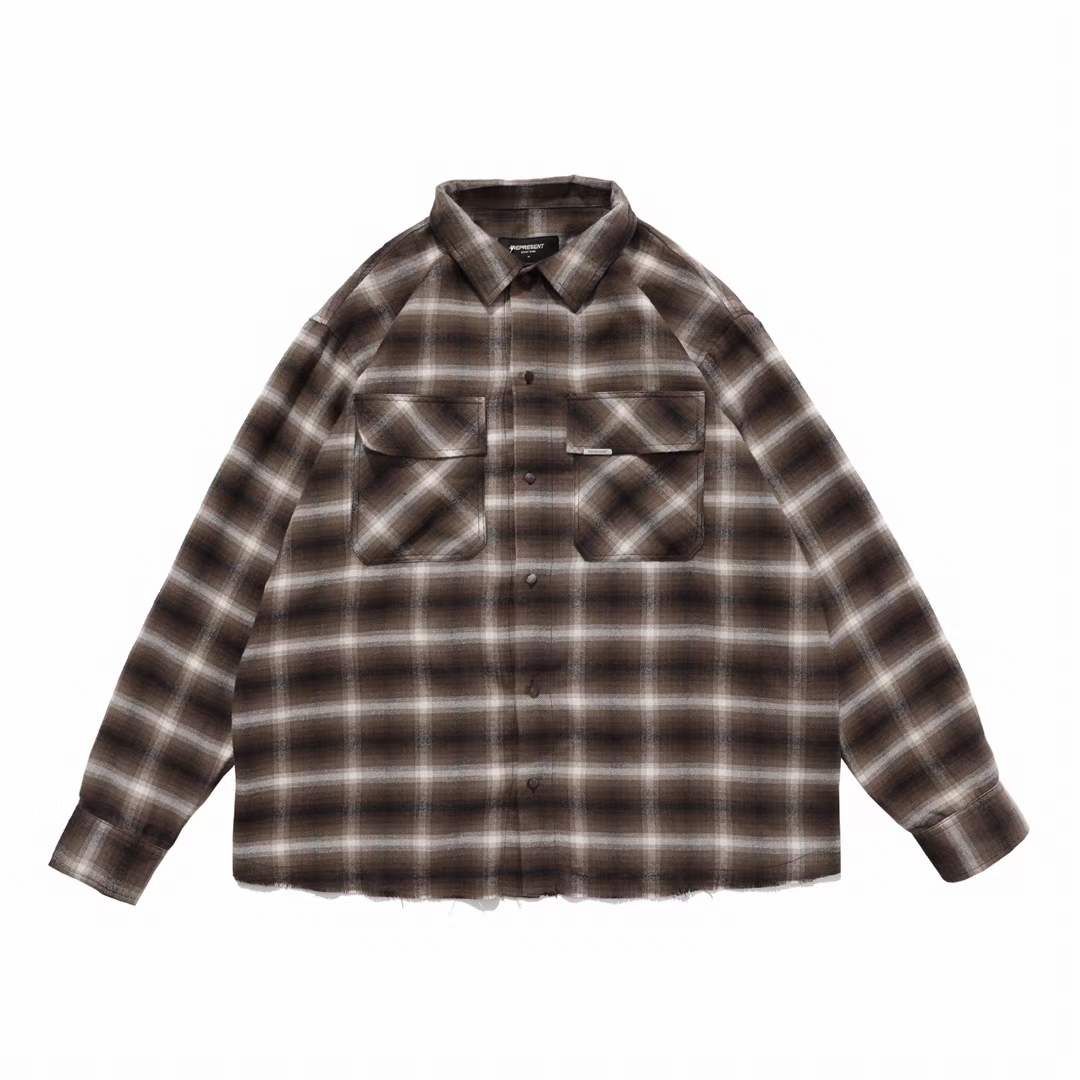 Flannel Colorblock Plaid Hem Destruction Shirt