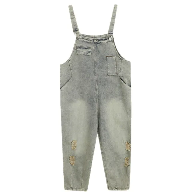Spring And Summer Art Retro Hole Jean Suspenders Women Light Grey - Shop at LoveMi